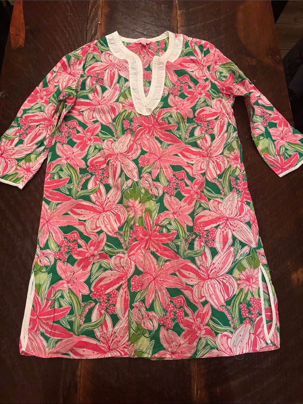 Women’s Floral Pink & Green swim cover up with White Trim